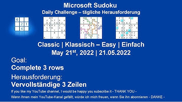 Microsoft Sudoku | Classic - Easy | May 21, 2022 | Daily Challenges