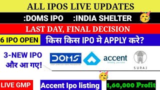 ACCENT IPO LISTING, 3 NEW IPO 🔥,7 IPO OPEN ,DOMS,INDIA SHELTER LAST DAY  FINAL DECISION#ipo #smeipo
