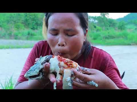 survival in the rainforest-women ride boat to find fishs & found two pig -Eating delicious HD