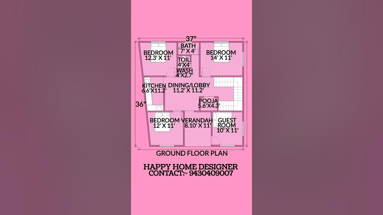 37x36-house-plan-4bhk-with-verandah-1300sqft-house-design-house-shorts-youtube