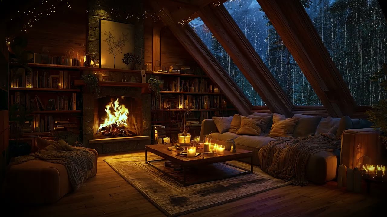 Heavy Rain on Window with Fireplace 🔥🌧 Relaxing Cozy Room for Insomnia Relief
