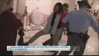 Sen. Warnock reacts to arrest of Georgia lawmaker amid protest of new election law