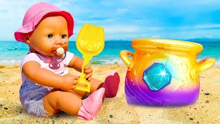 Baby born videos &amp; magic pot at the beach. Pretend play with toy food for baby Annabell &amp; dolls