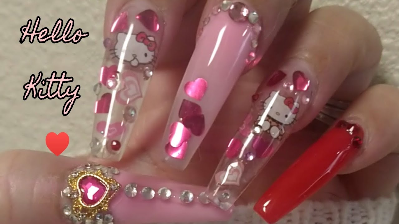 Hello kitty Valentine's Nails  Acrylic Coffin Style #nailart #howto  #cutenails 