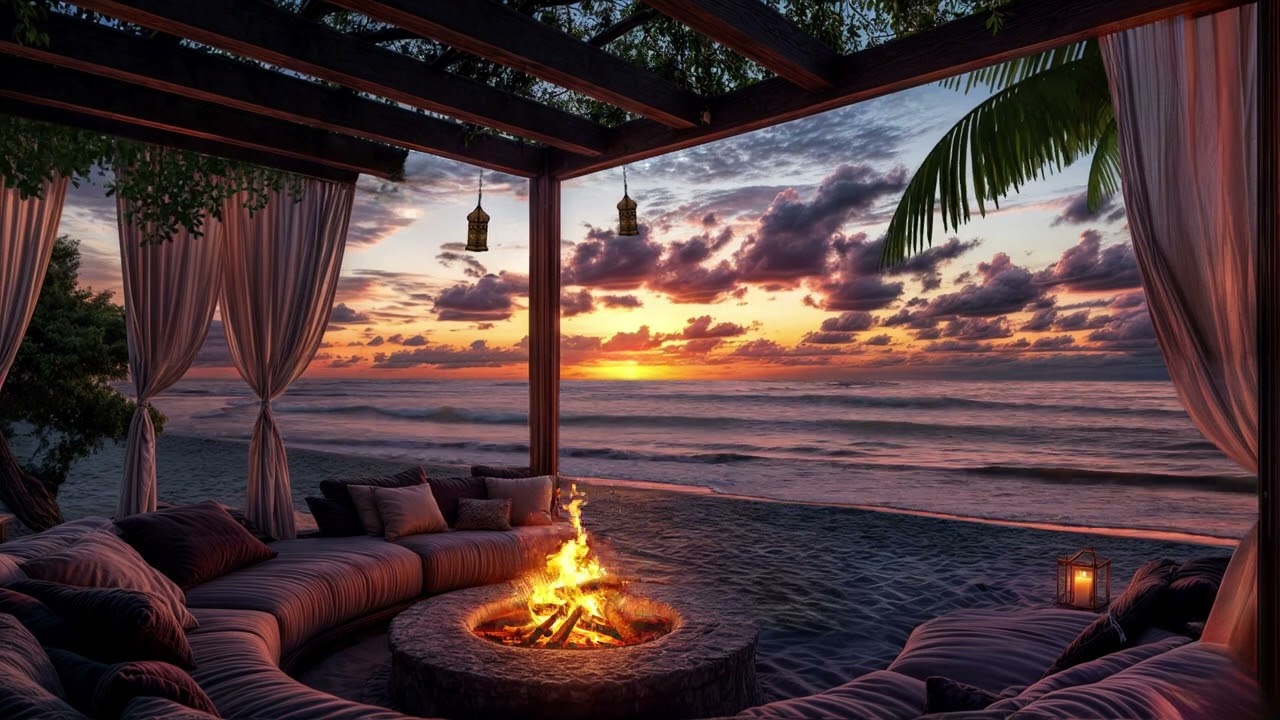 Seaside Tranquility🌊 Deep Sleep with Ocean Breeze, Rolling Waves & Campfire Ambience Dusk for Relax