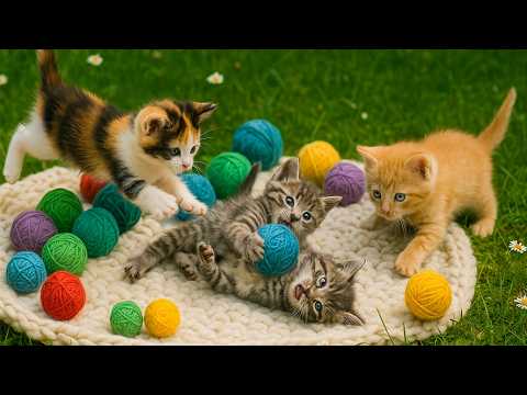 Cute kittens playing with a ball of yarn on the grass - Cat sounds - Cat videos