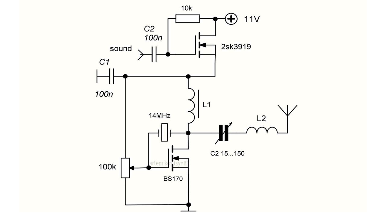 14 MHz AM transmitter with 1 Watt power and BS170 transistor