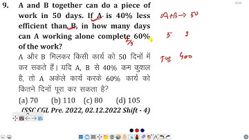 A and B together can do a piece of work in 50 days. If A is 40% less efficient than B, in how