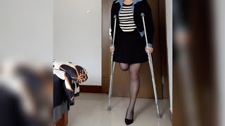 An Amputee Lady Walks With Crutches With Steady Steps And Self-Confidence, #Amputee#Crutches#Walking
