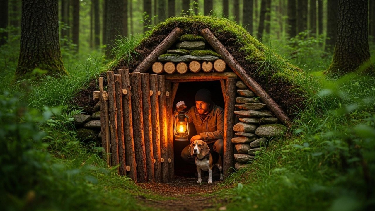 Building a Warm and Cozy Wooden Shelter in the Forest with My Dog ...