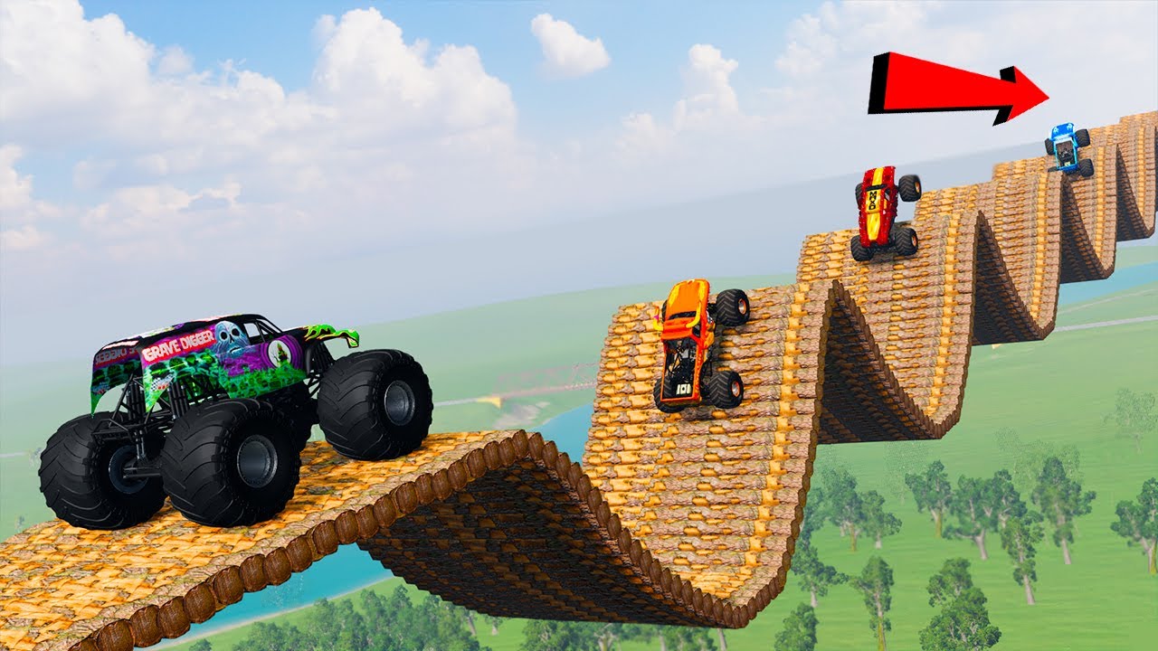 Grave Digger And MONSTER TRUCKS VS Wavy Bridge - BeamNG Monster Truck Crashes