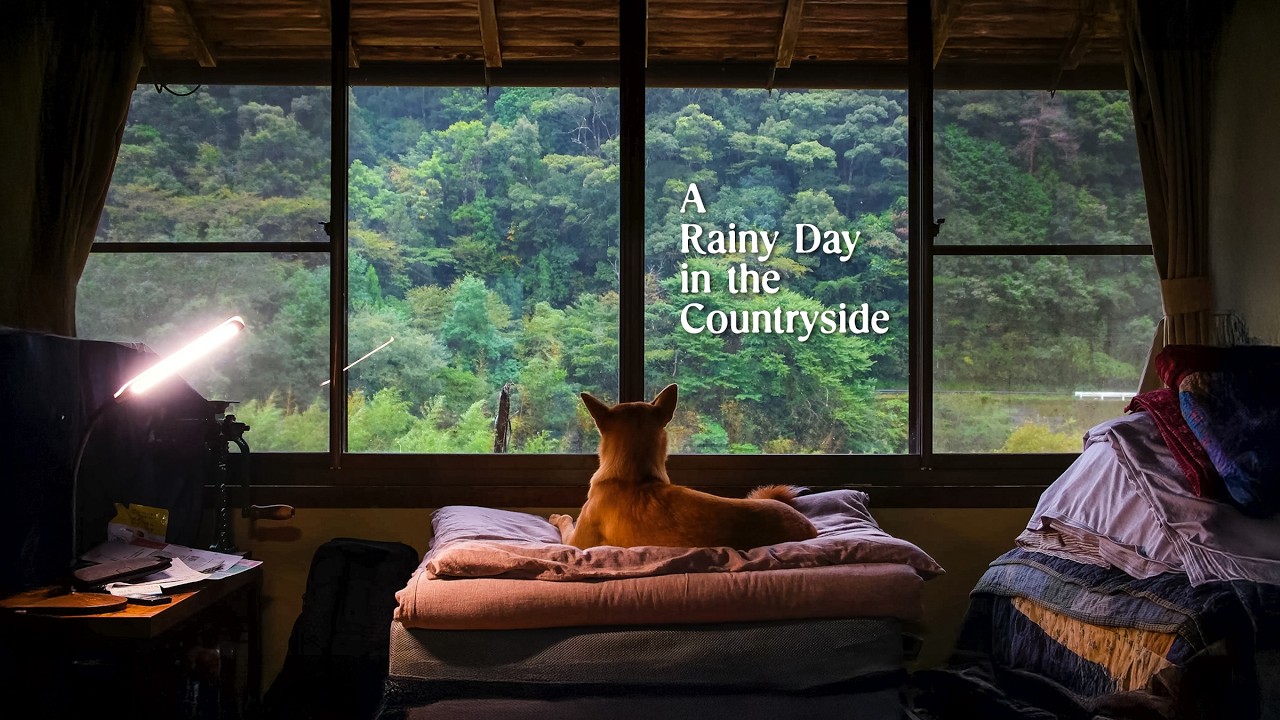 A Japanese dog sleeps on a rainy day in the Japanese countryside