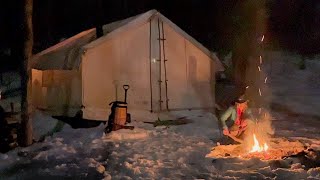 Magical winter wall tent camping with a WOOF and a MOOSE!