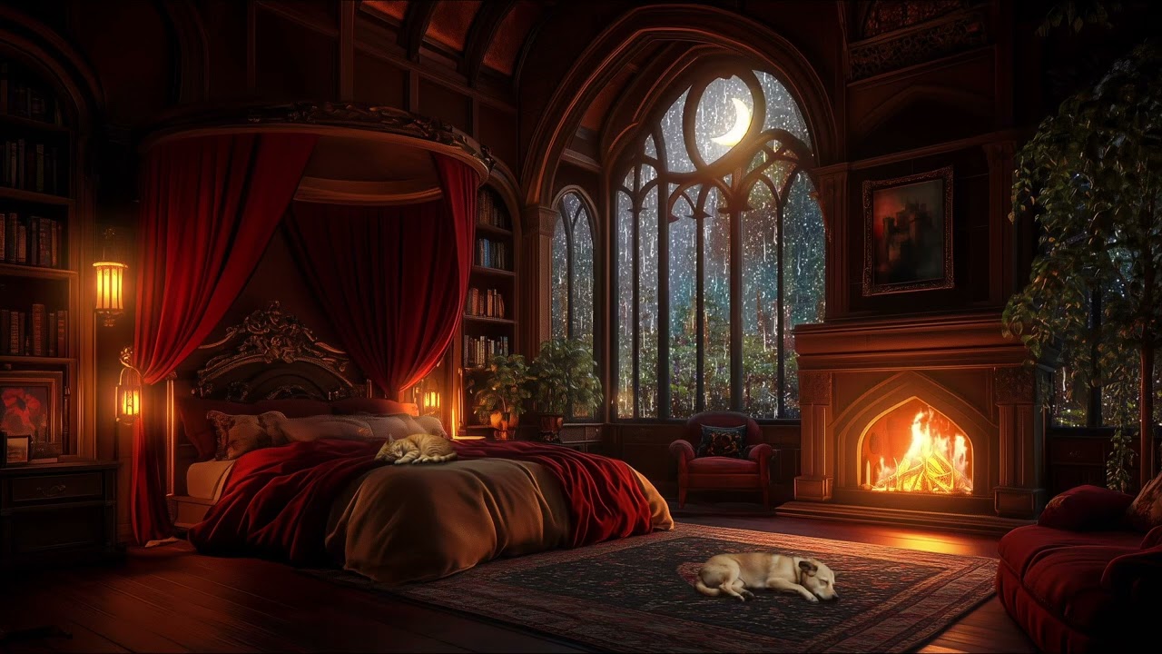 Cozy Castle Haven - Rain, Fireplace & Thunderstorm Sounds to Sleep Instantly with Dog and Cat