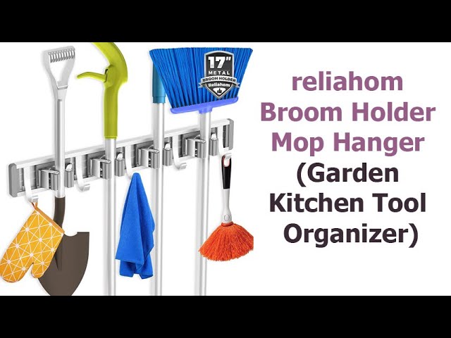 reliahom Broom Holder Mop Hanger Wall Mount Metal Organization Garage  Storage System Garden Kitchen Tool Organizer(5 Racks with 4 Hooks, Silver)