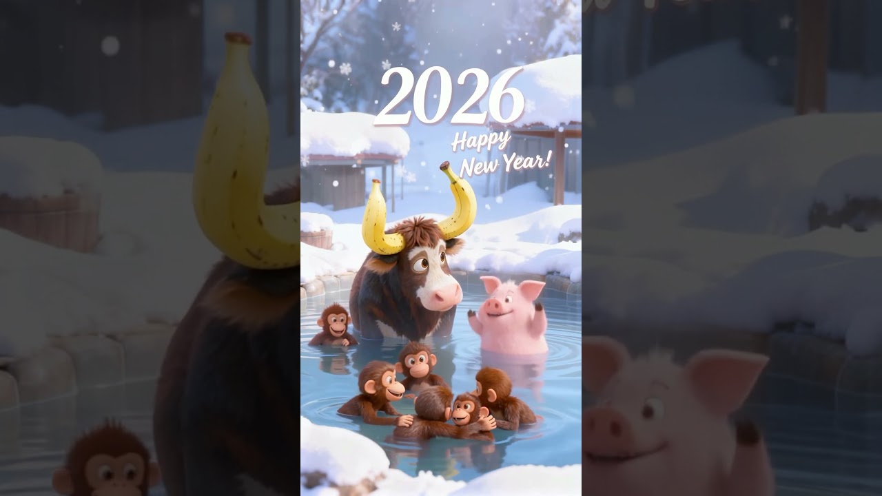 Bananacow, Piggy & Monkey Friends Celebrate 2026 New Year in Hot Spring! 蕉牛、小豬和猴子們在溫泉慶祝2026新年！🐮🐷🐒