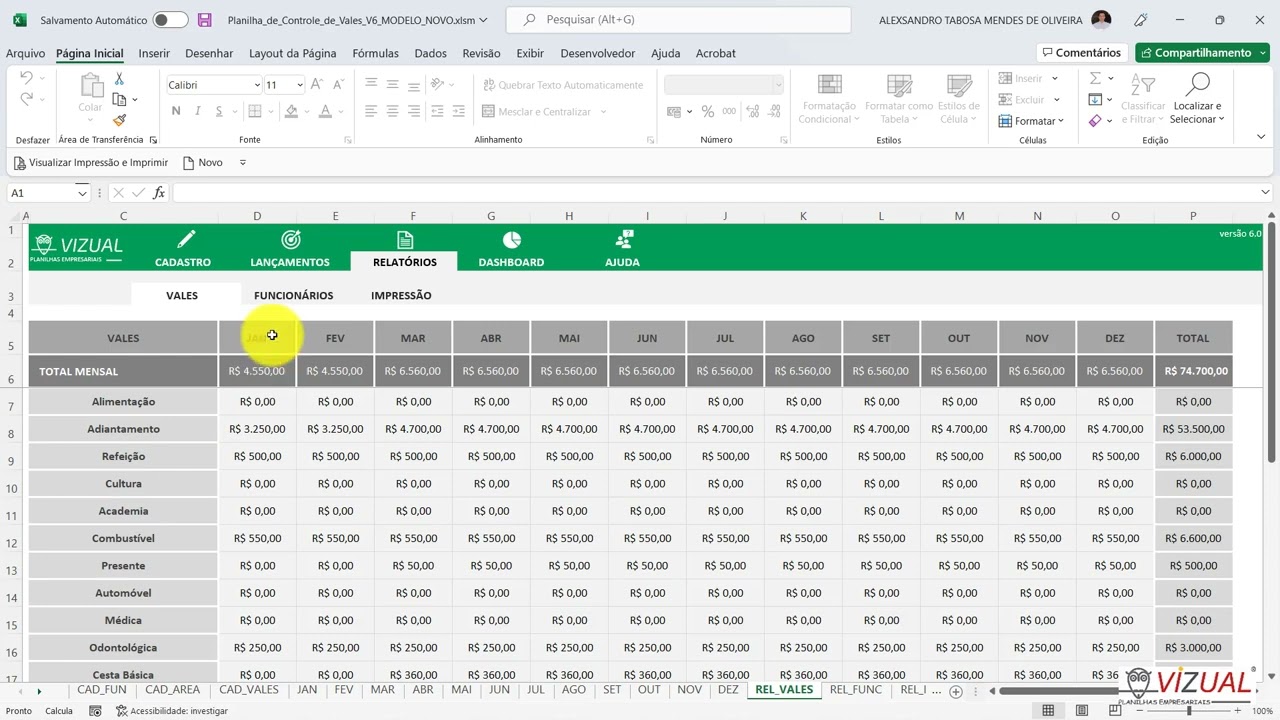 Planilha de Controle de Vales em Excel 6.0