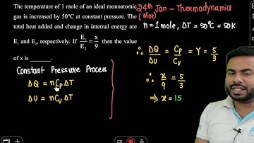 The temperature of 1 mole of an ideal monoatomic gas is increased by 50C at constant pressure. The t