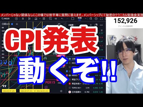 4/10、CPI発表。日本株動くぞ！！日経平均下落始まるのか。ドル円152円突破で円安爆速か。米国株、ナスダック、半導体株もVIX上昇で下落の備え。仮想通貨ビットコイン、金先物に資金移動