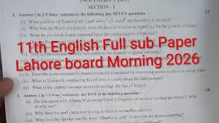 Class 11 English Paper Lahore Board 2026 || 11th Class English Morning Paper BISE Lahore