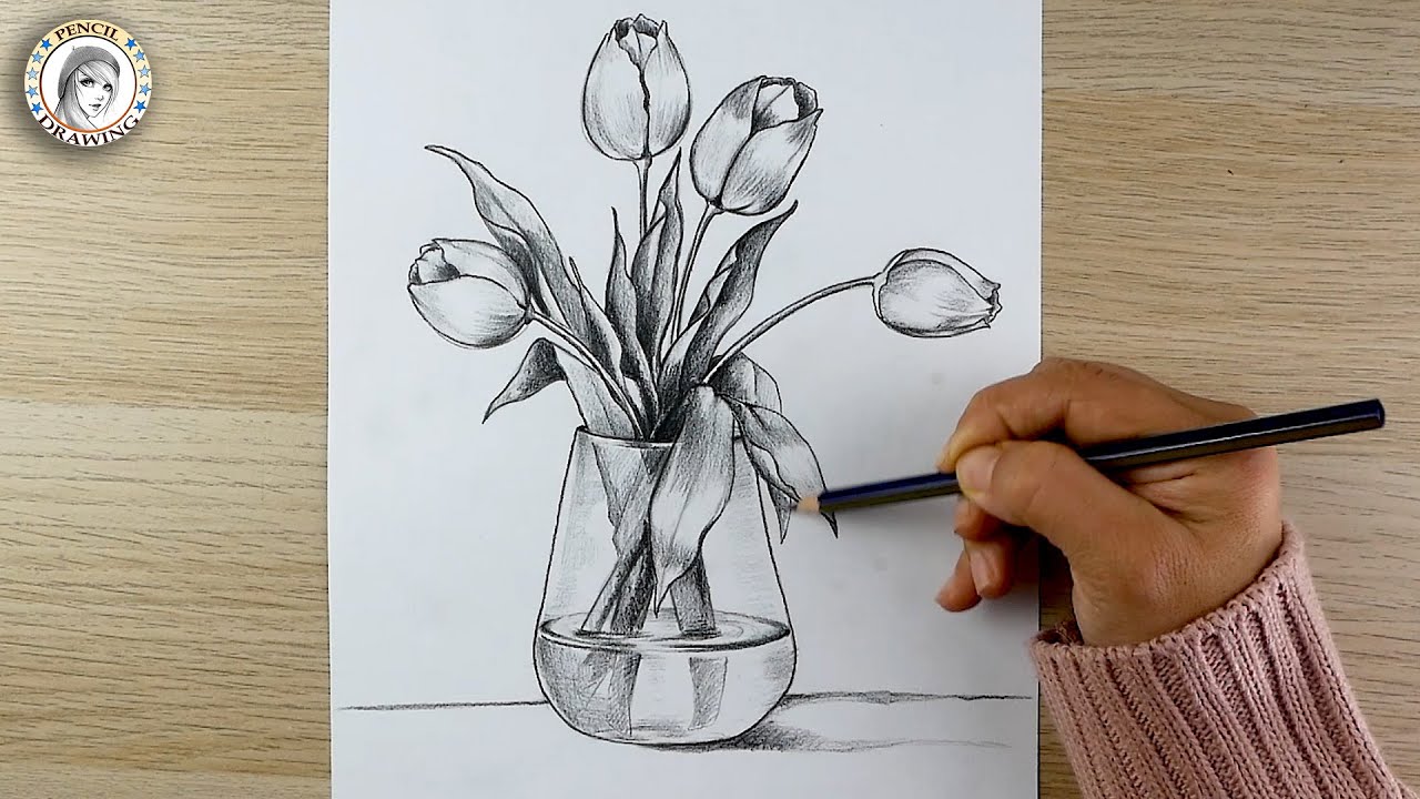 how to draw Flowers Vase | drawing | dibujo de flores | still life drawing | رسم | رسم مزهرية الزهور