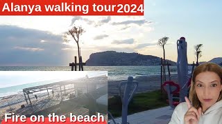 fire on the Alanya beach \/ Alanya walking tour 2024 Alanya Antalya turkey 4k video