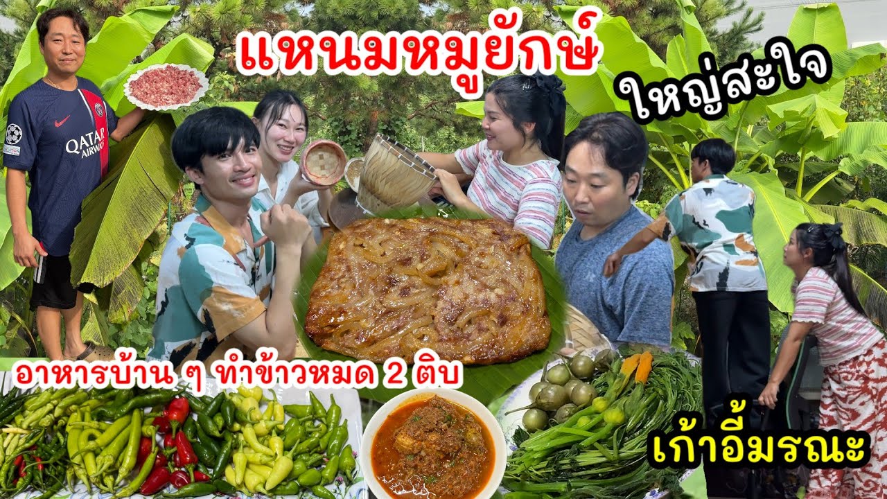 EP.979 ทำแหนมหมูยักษ์แผ่นใหญ่สะใจมาก อาหารบ้าน ๆ เต็มโต๊ะทำข้าวหมด 2 กระติบ