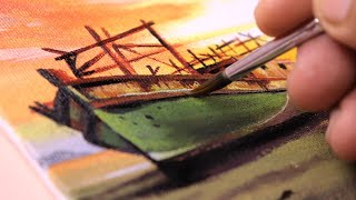 How I Painted an old broken ship in Acrylics | Acrylic Landscape painting
