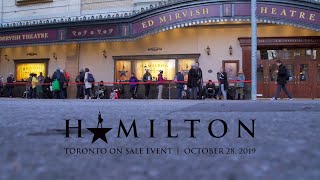 Hamilton tickets went on sale in toronto monday october 28, and
customers were lined up around the block! people arrived as early 5am
to get a place in...