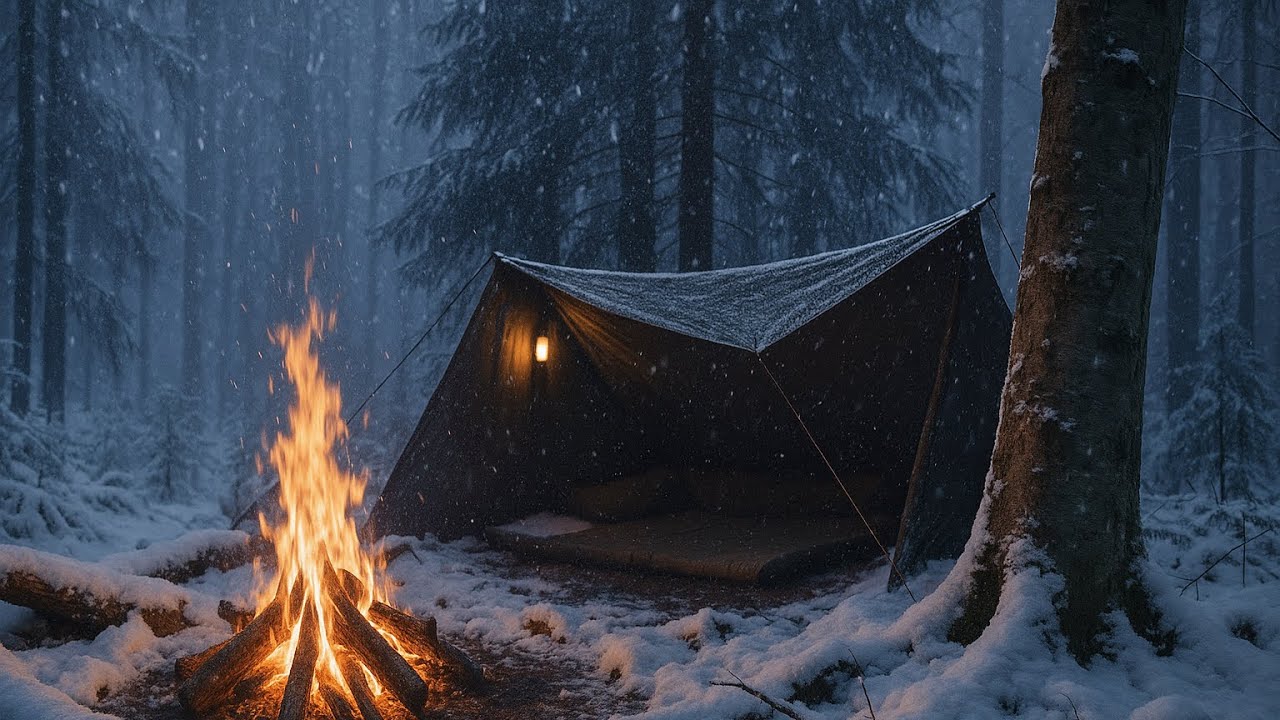 Extreme Winter Survival in Heavy Snowfall (-15°C) | Grilling Meat on a Wooden Grill