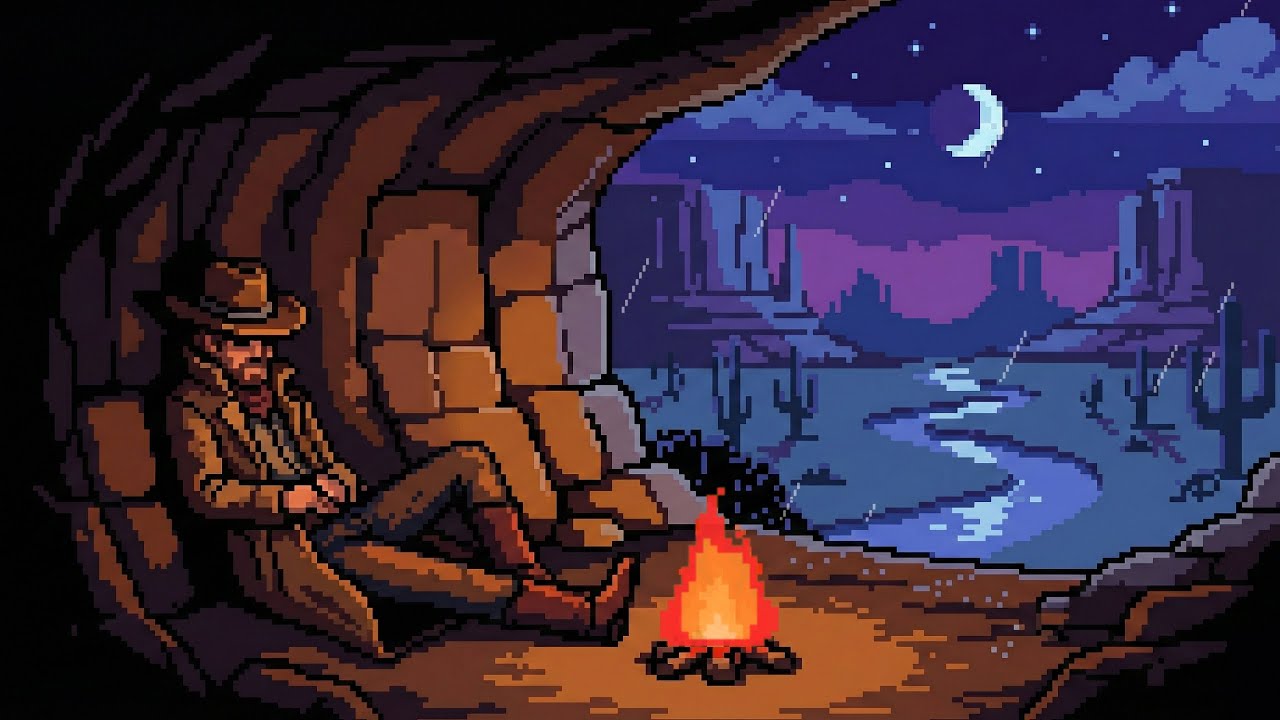 Cowboy Resting in a Cave at Night