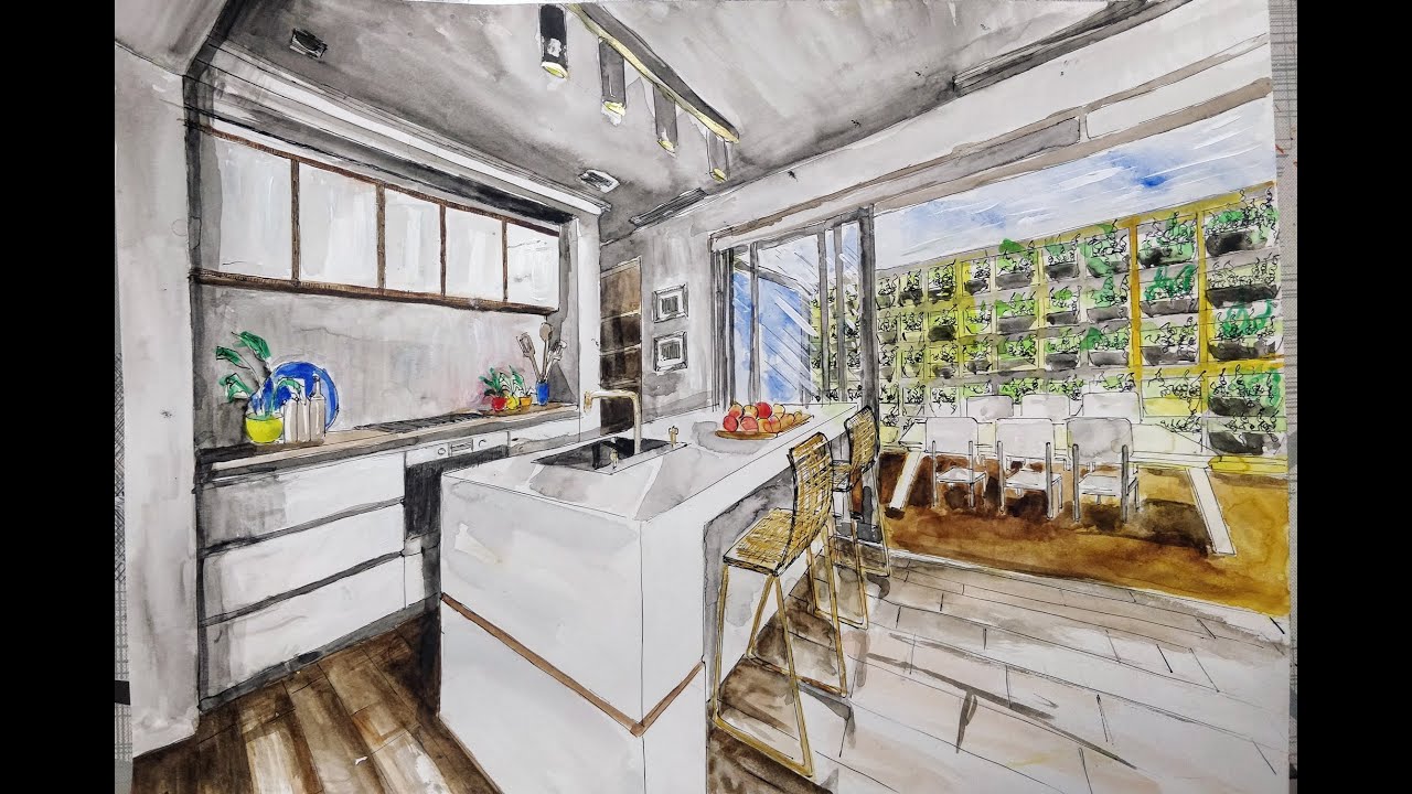 Drawing a kitchen step by step using Two Point Perspective - Linear Perspective drawing