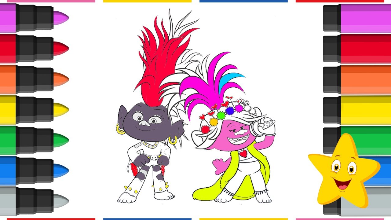 TROLLS WORLD TOUR Coloring Pages! Queen Barb and Poppy! Musical skirmish! ⚡️🤘