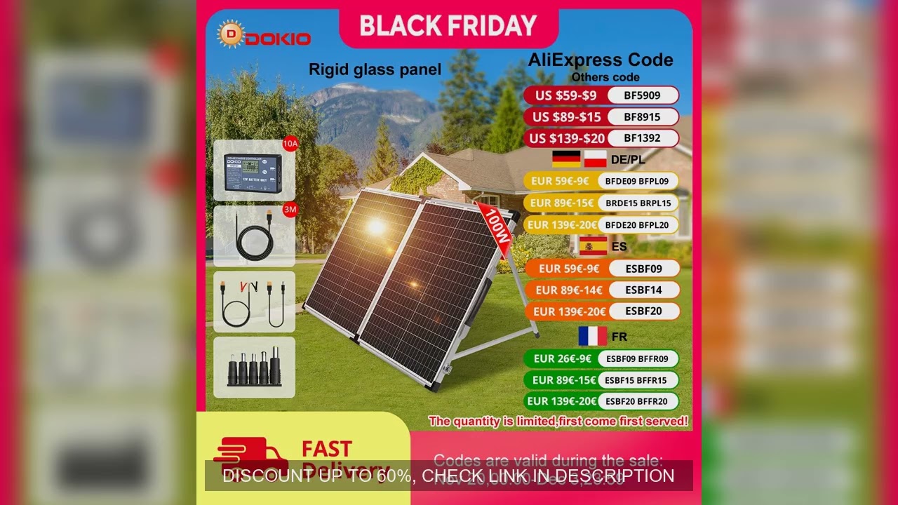 DOKIO 100W/160w/200w 18V Glass Folding Monocrystalline Waterproof Solar Panel with 12V Controller Ki