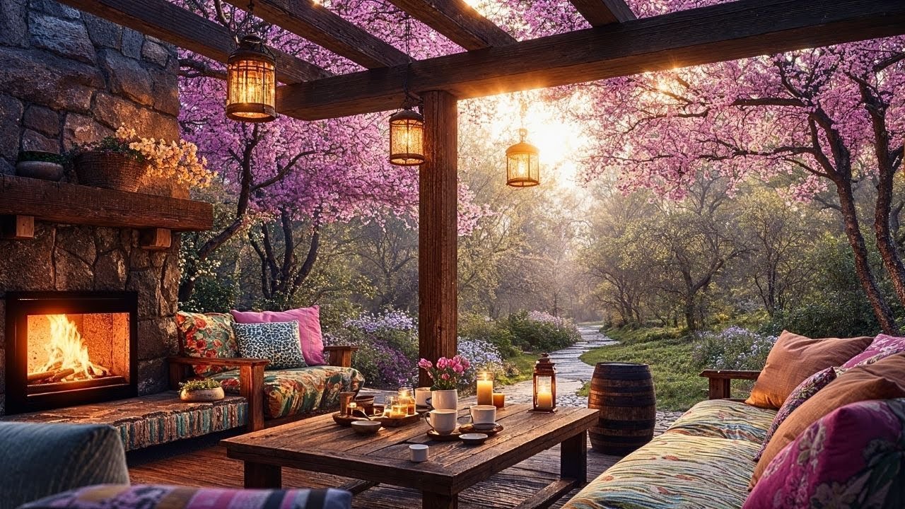 🌿Spring Coffee Shop with Relaxing Piano | Crackling Fire & Cozy Ambience for Relax, Study, Work 🎶