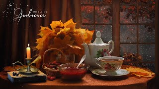 Cozy Autumn Tea Time ASMR Ambience🍁🍵Fireplace, Autumn Rain Out Window, Book Sounds, Candle Crackling