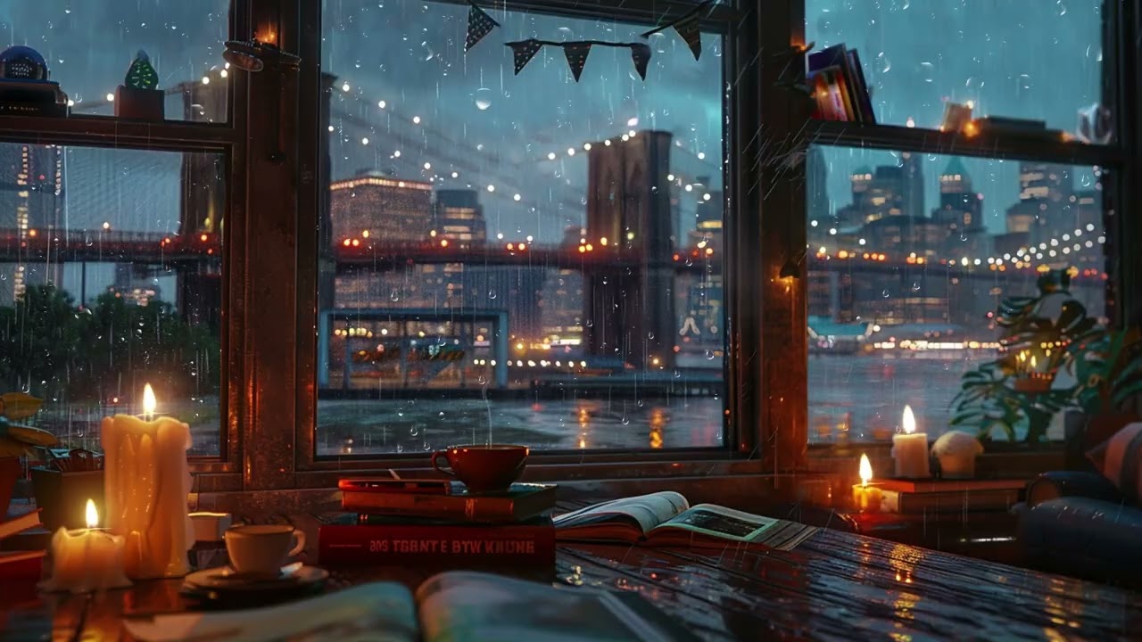 Rainy Evening Café Window Ambience with Natural Rain Sounds and Warm Coffee Shop Vibes