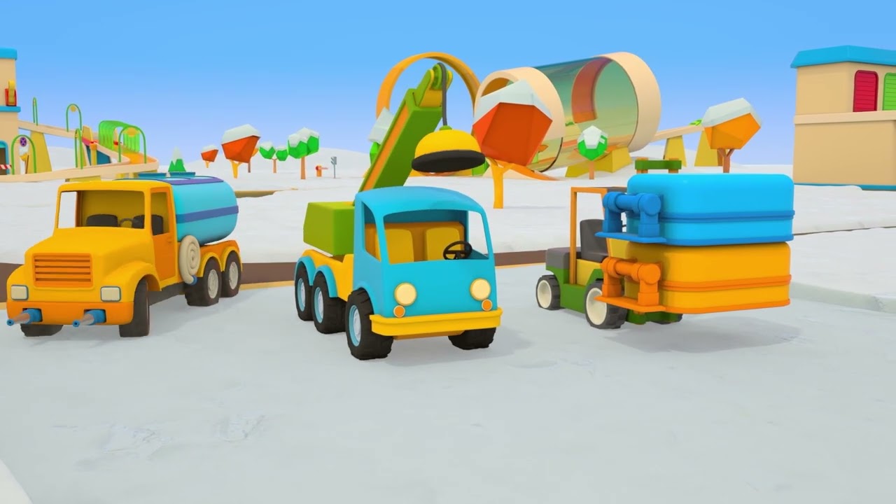 The cars are getting ready for the New Year's celebration. Winter Stories from Helper Cars cartoon