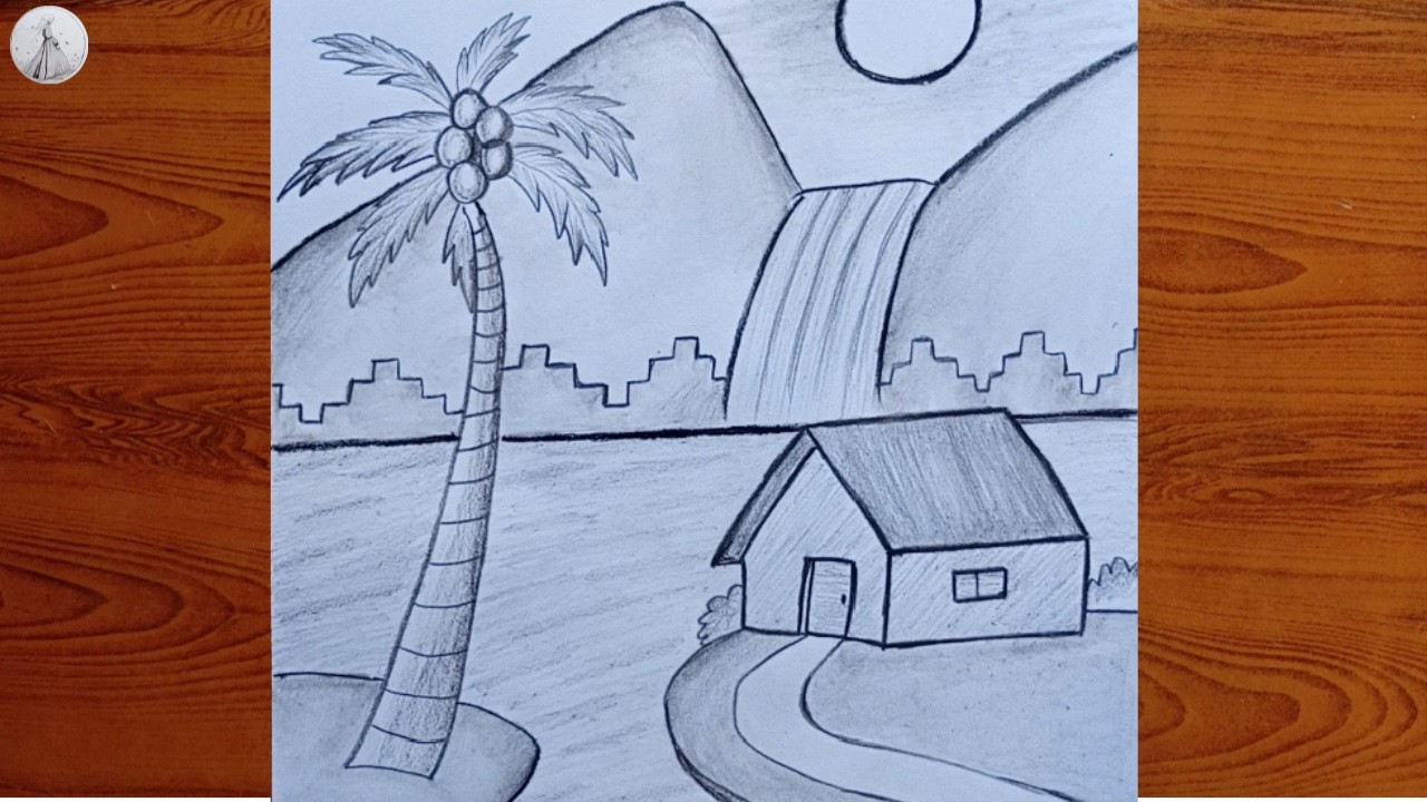 Easy Coconut Tree Scenery Drawing 🌴 Simple Beach House Pencil Sketch for Beginners