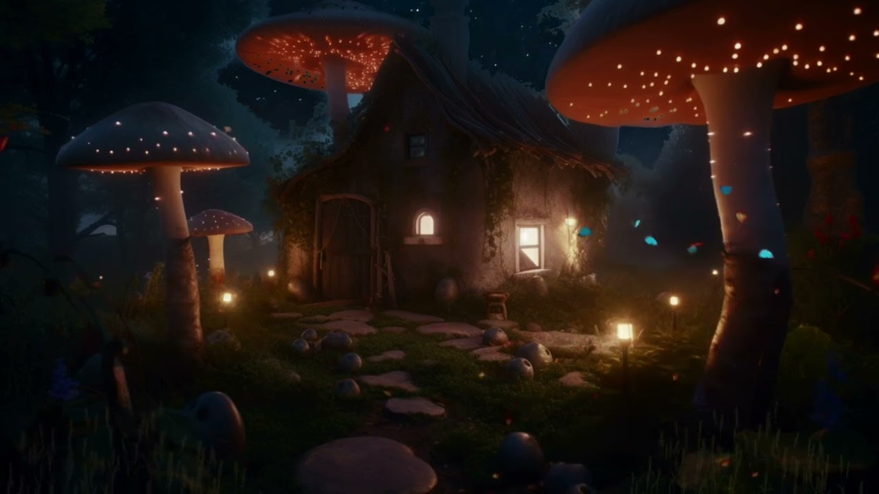 Cottage in an Magical Mushroom Forest Ambience | Crickets, Owl, and Forest Sounds for Relaxation