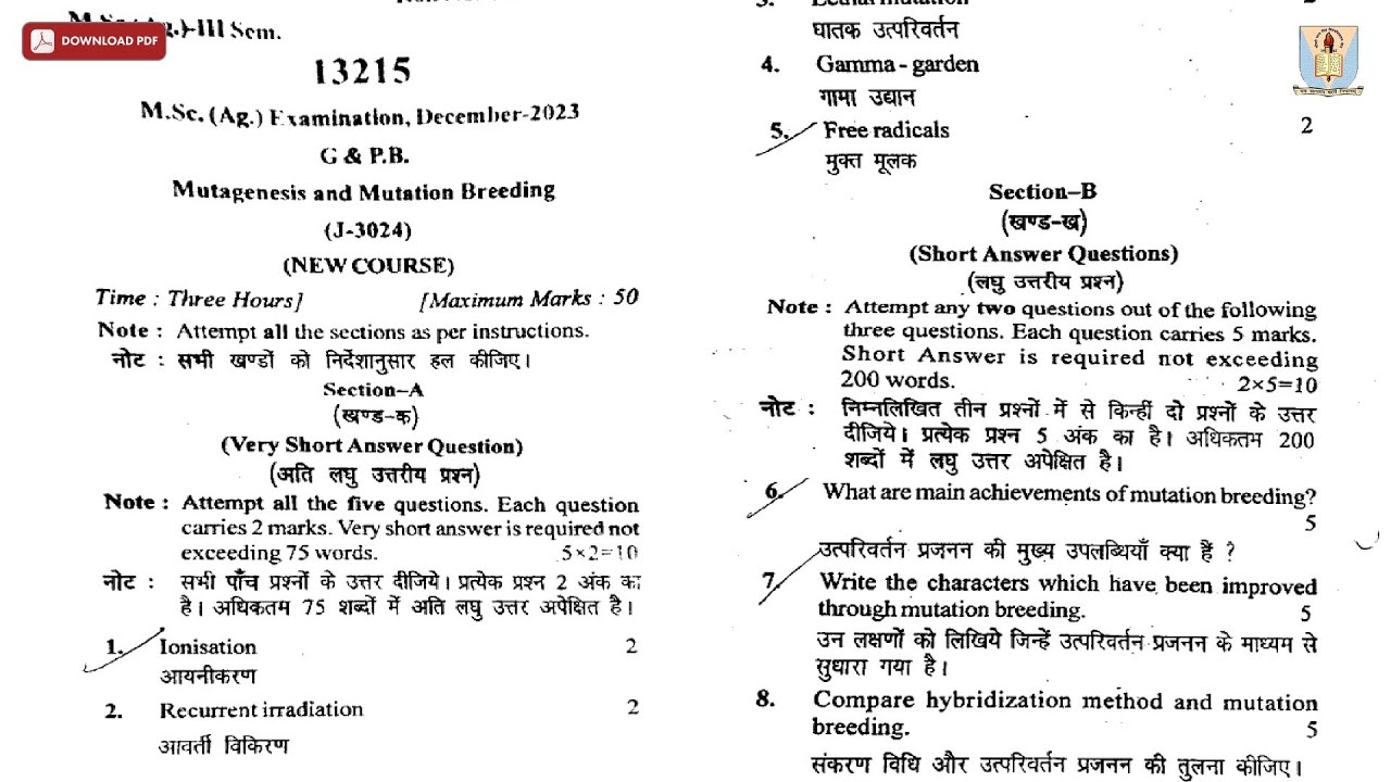 MSC 3RD SEM AG G AND P B MUTAGENESIS AND MUTATION BREEDING DEC 2023 | CCSU