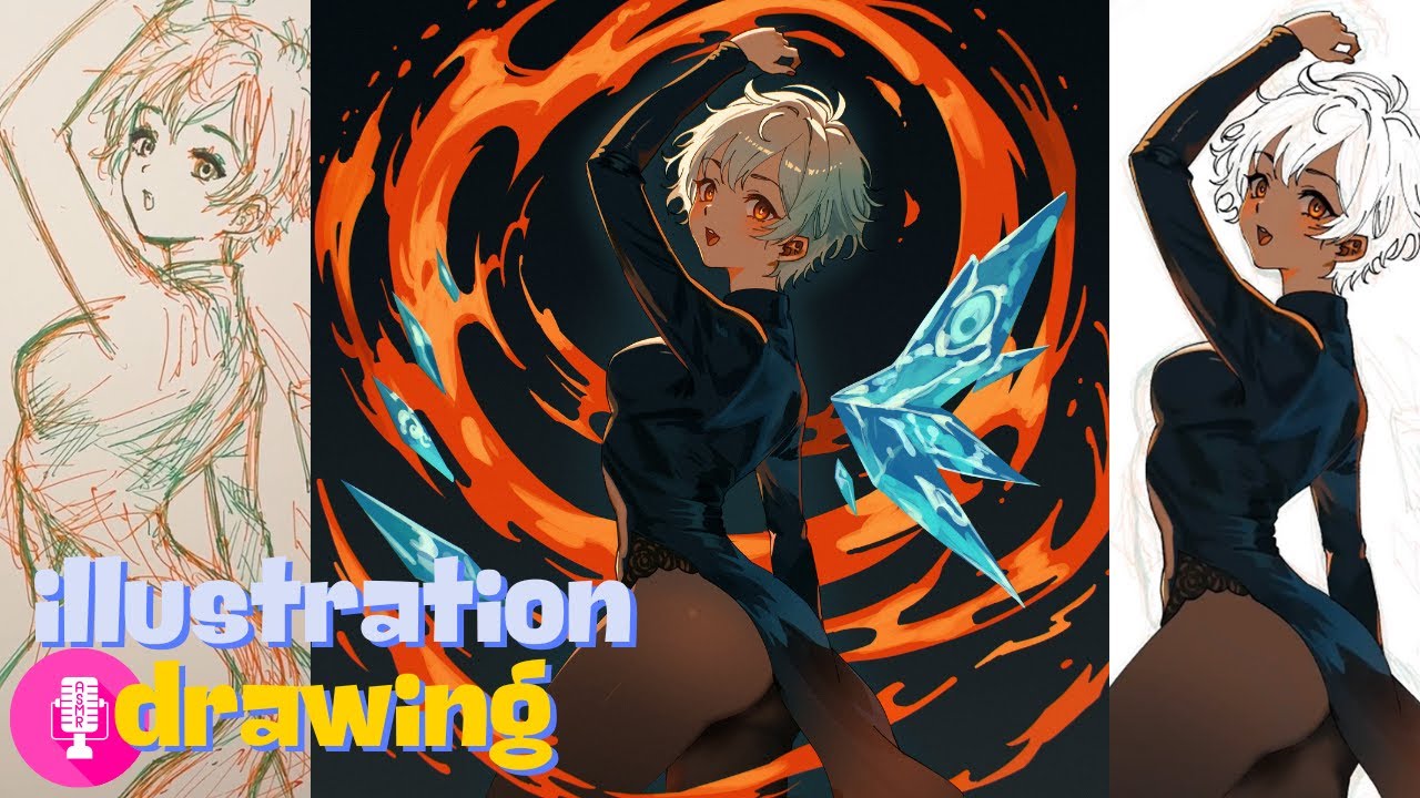 Fire Ring Girl: ASMR Ball-Point Sketch → Full Digital Paint-Over