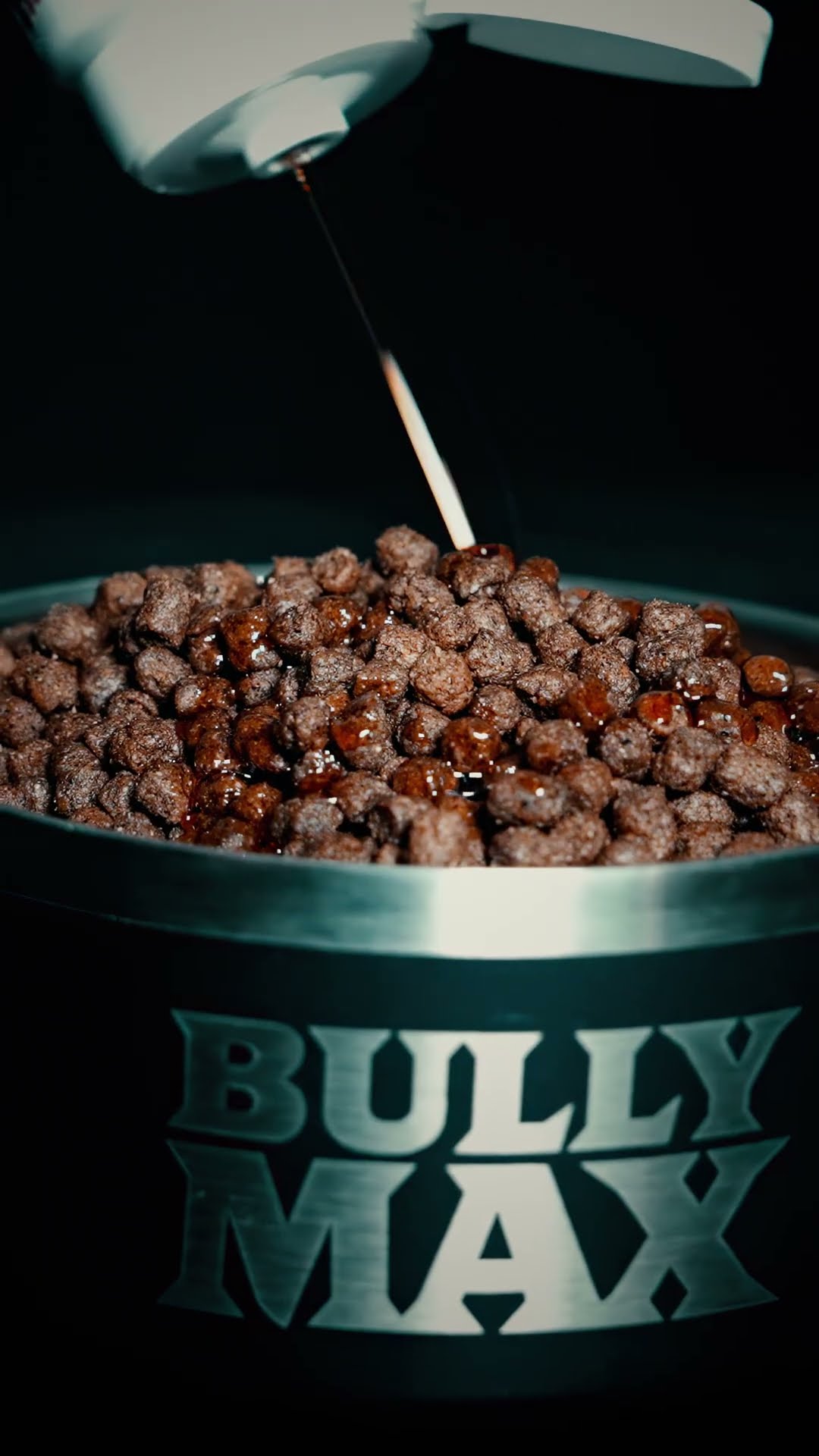 Bully Max Omega-3 Salmon Oil poured from the bottle over kibble in a steel Bully Max bowl