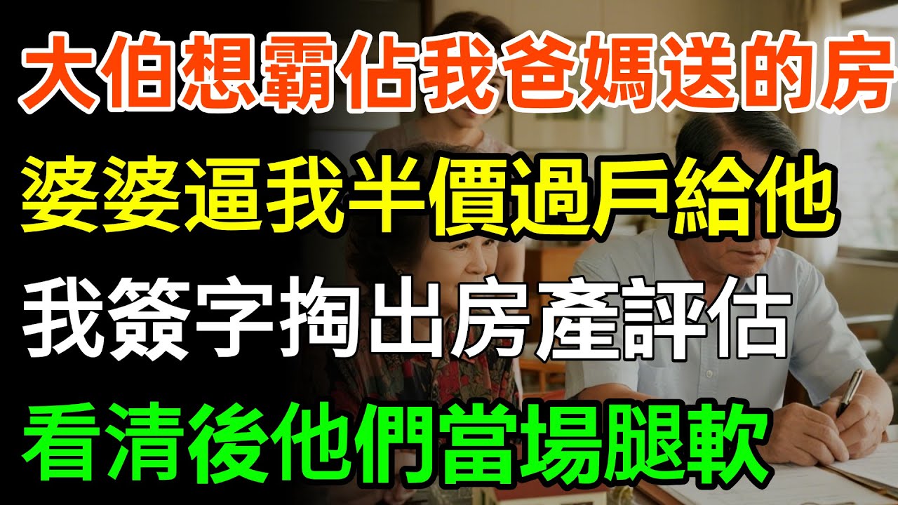 大伯想霸佔我爸媽送的學區房，婆婆逼我半價過戶給他，我爽快簽字並掏出房產評估報告，下秒看清後他們當場腿軟！#故事分享 #家庭 #婆媳