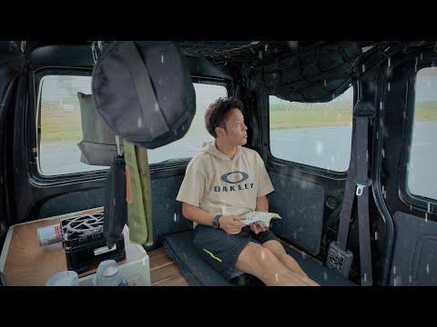 【孤独の車中飯】大雨の海で究極のカツ丼を食う/車中泊/軽自動車/ASMR