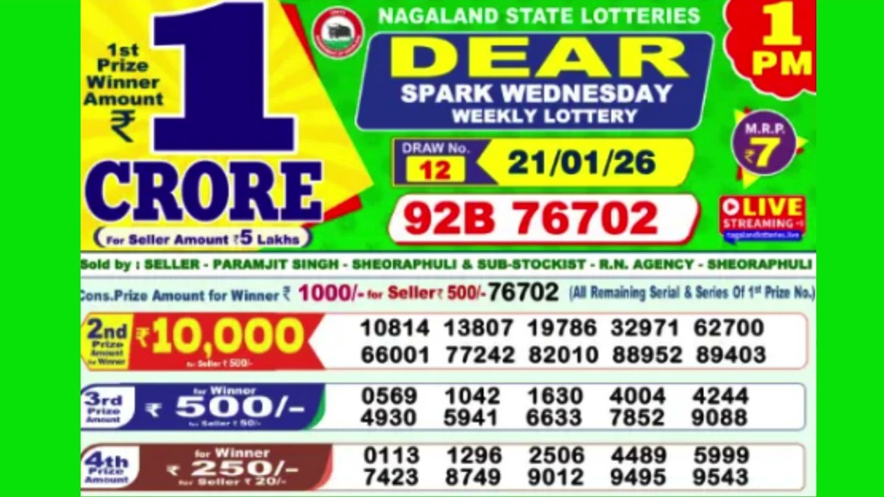 DEAR SPARK WEDNESDAY WEEKLY LOTTERY TODAY RESULT 1 PM 21/01/26