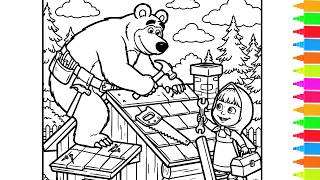 Coloring Masha And The Bear Build A Hut, Watching Night Sky, Sleep Well | Coloring Pages