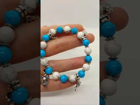 Браслет морський стиль натуральні камені: бірюза і кахолонг, підвіски черепашка, черепаха, риба, видео 1