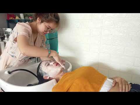 Only 2$ Relaxing in Barbershop with Cute Young Girl Massage Head and Face