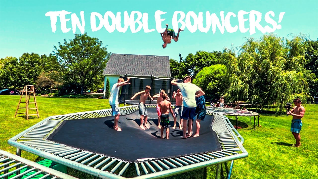 MASSIVE TRAMPOLINE vs 10 DOUBLE BOUNCERS!